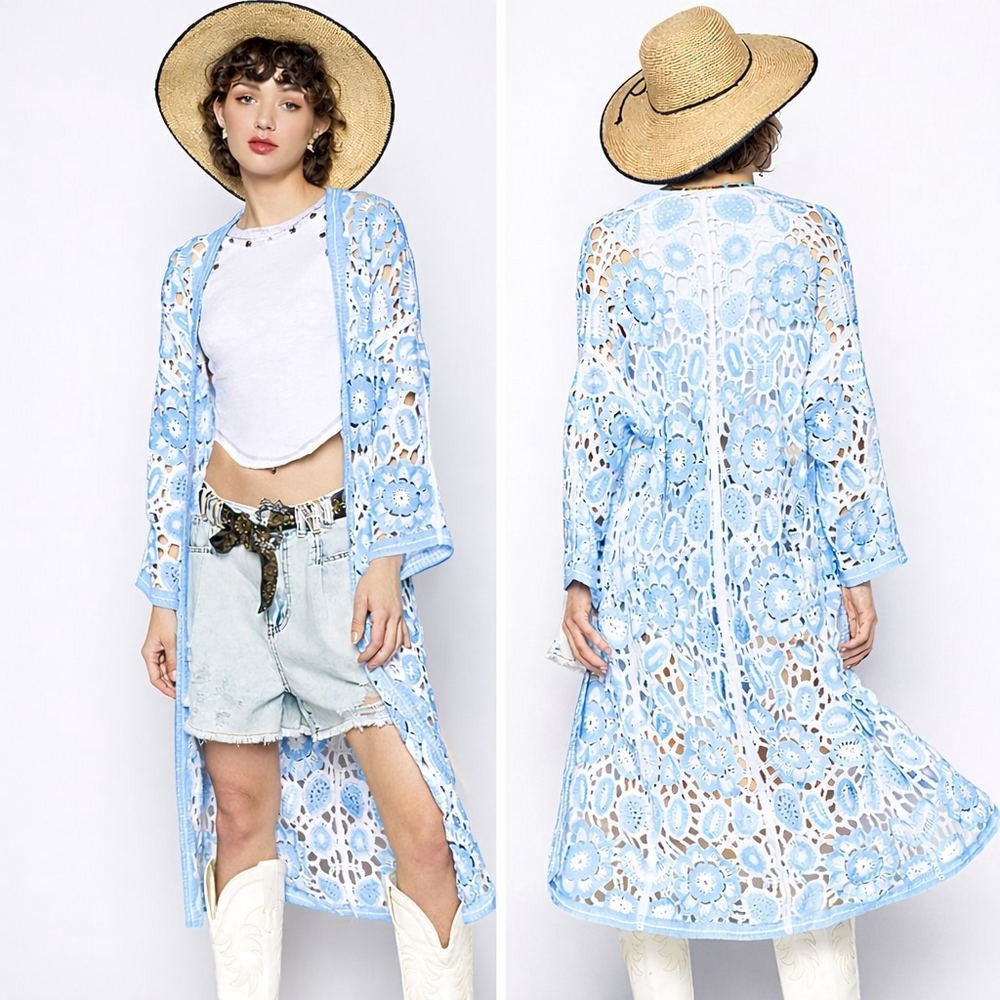 POL Blue Floral Crochet Long Duster Cardigan Boho Open Knit One Size Lightweight